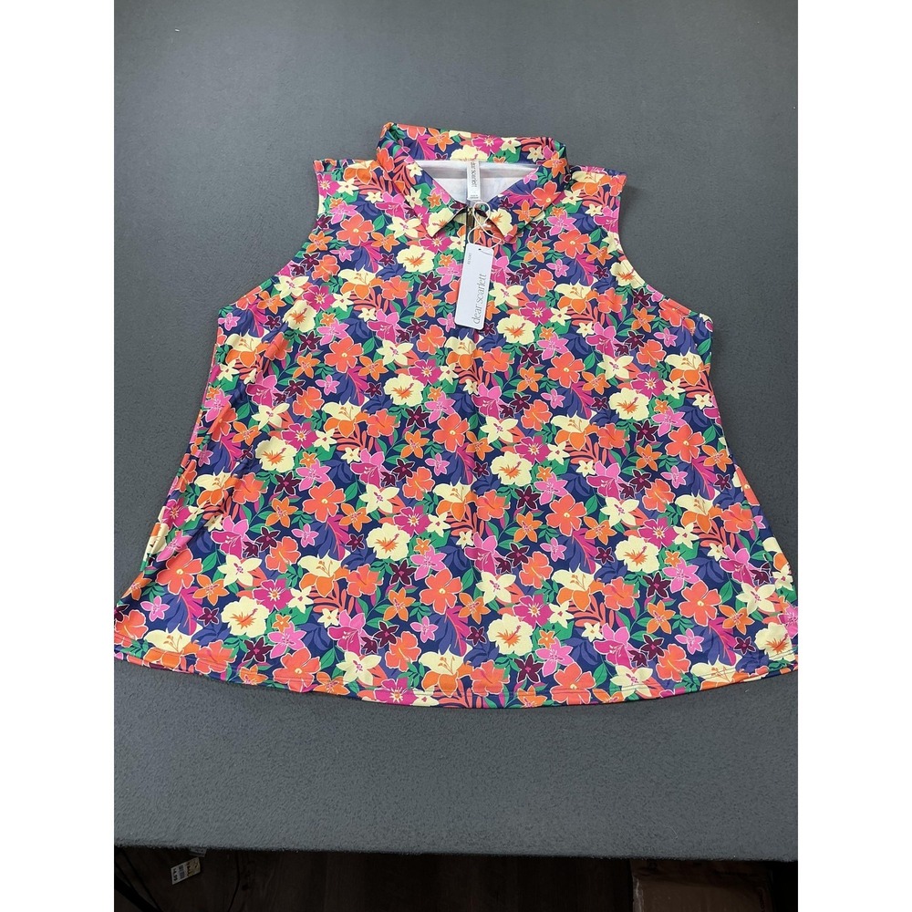Dear Scarlett Blouse Womens 3X Blue Floral Collared Sleeveless Zip Mesh Top